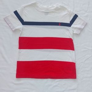 Polo  boys T-shirt white red and blue stripe red emblem size 5 yr light use